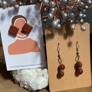 New 2 Pairs Handcrafted Ladies Gold Stone Gemstone Stud and Dangle Drop Earrings